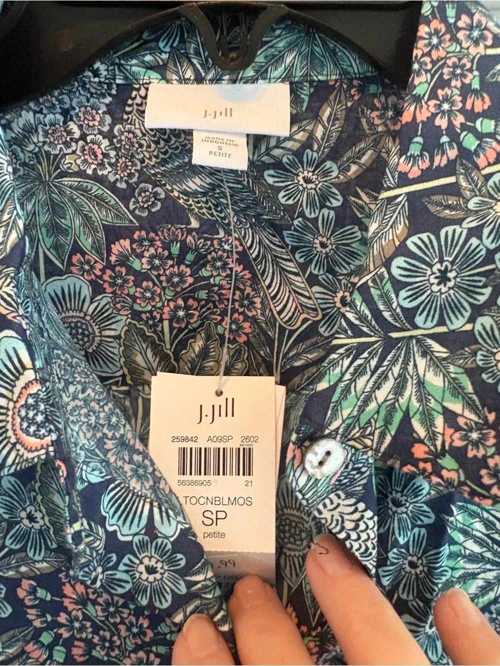 J. Jill Navy Blue Floral Button-Up Top with Teal and Coral Accents - Picture 2 of 3